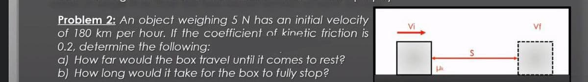 Problem 2: An object weighing 5 N has an initial velocity
of 180 km per hour. If the coefficient of kinetic friction is
0.2, determine the following:
a) How far would the box travel until it comes to rest?
b) How long would it take for the box to fully stop?
Vi
Vf
