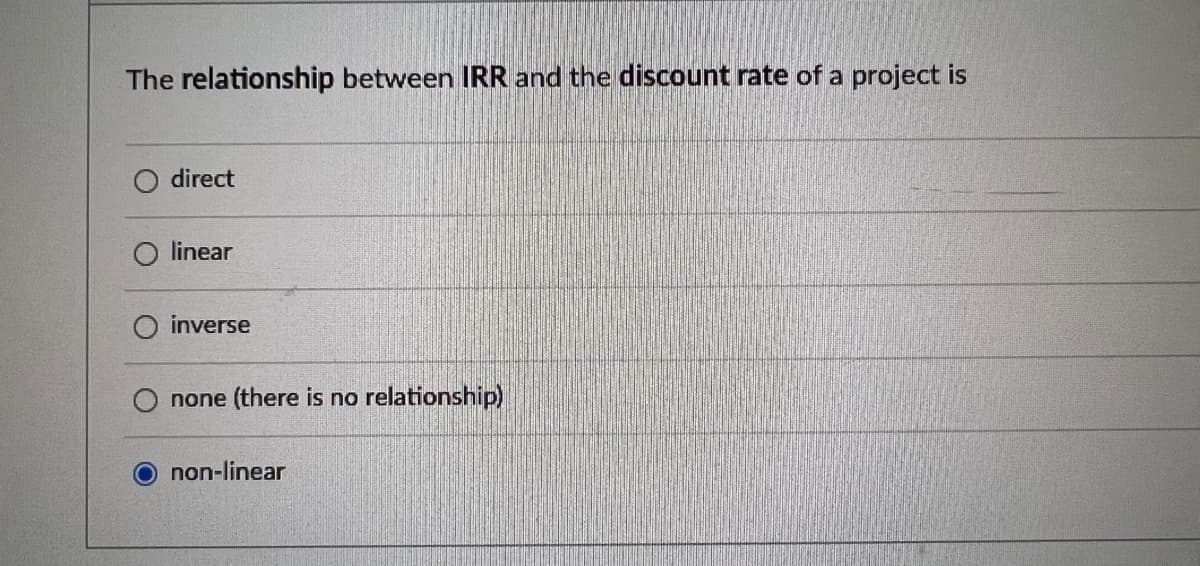 The relationship between IRR and the discount rate of a project is
direct
linear
inverse
none (there is no relationship)
non-linear
