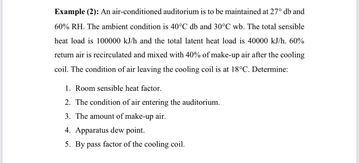 Example (2): An air-conditioned auditorium is to be maintained at 27° db and
60% RH. The ambient condition is 40°C db and 30°C wb. The total sensible
heat load is 100000 kJ/h and the total latent heat load is 40000 kJ/h. 60%
return air is recirculated and mixed with 40% of make-up air after the cooling
coil. The condition of air leaving the cooling coil is at 18°C. Determine:
1. Room sensible heat factor.
2. The condition of air entering the auditorium.
3. The amount of make-up air.
4. Apparatus dew point.
5. By pass factor of the cooling coil.
