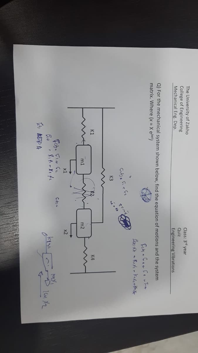 The University of Zakho
College of Engineering
Mechanical Eng. Dep.
Class: 3rd year
Quiz
Engineering Vibrations
Q) For the mechanical system shown below, find the equation of motions and the system
matrix. Where (x = X ewt)
Ct)a ie fe
K3
K1
K4
m1
m2
x1
x2
Fcb. Fla G
