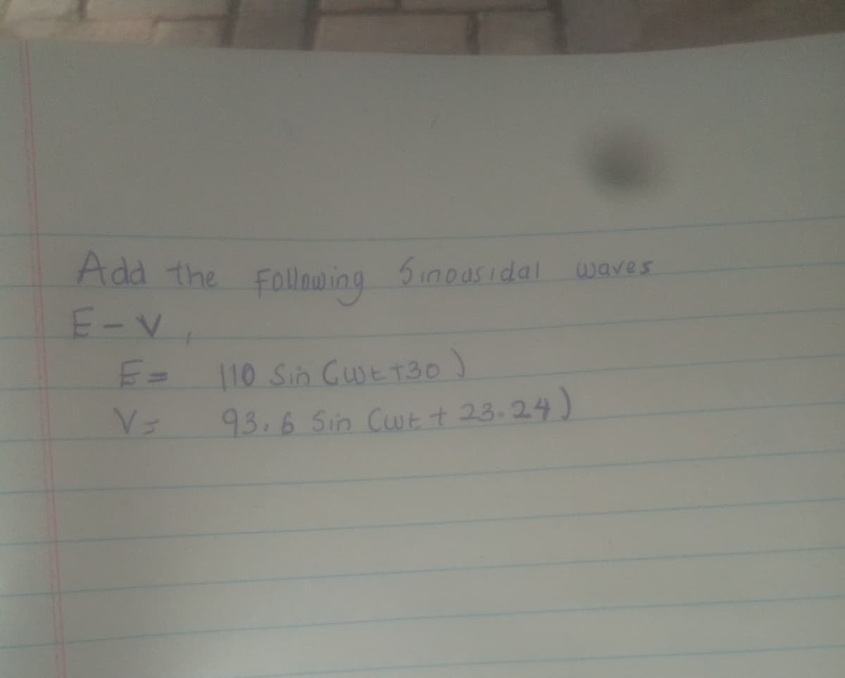 Add the Following
5inoasidal waves
E-V
110 Sin CwtT30)
93.6 Sin Cwtt 23.24)
E=
