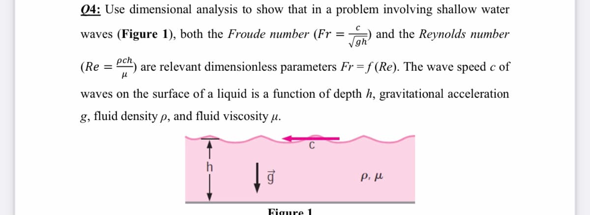 04: Use dimensional analysis to show that in a problem involving shallow water
waves (Figure 1), both the Froude number (Fr
T) and the Reynolds number
Vgh
(Re =
pch.
are relevant dimensionless parameters Fr = f (Re). The wave speed c of
waves on the surface of a liquid is a function of depth h, gravitational acceleration
g,
fluid density p, and fluid viscosity µ.
Figure 1
