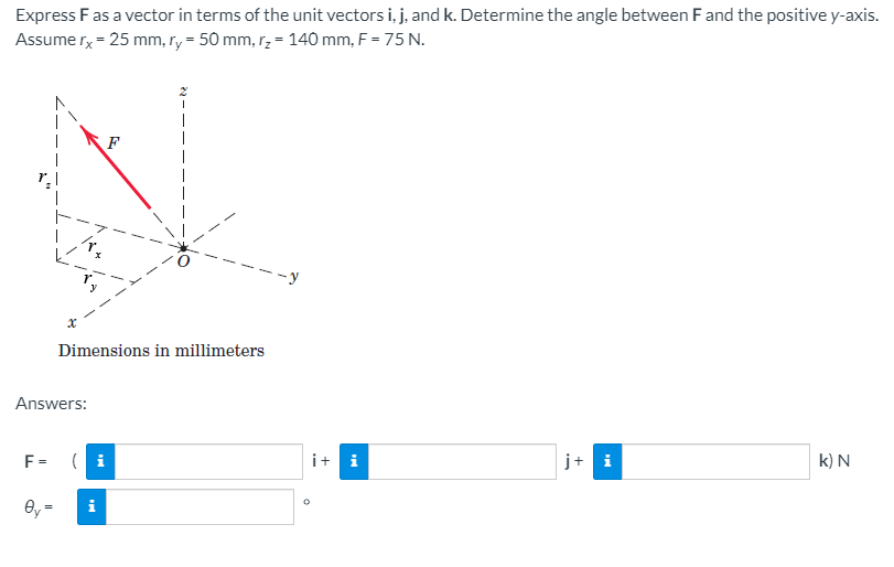 Express F as a vector in terms of the unit vectors i, j, and k. Determine the angle between F and the positive y-axis.
Assume r, = 25 mm, ry = 50 mm, r; = 140 mm, F = 75 N.
Dimensions in millimeters
Answers:
F= (i
i+ i
j+ i
k) N
8, -
