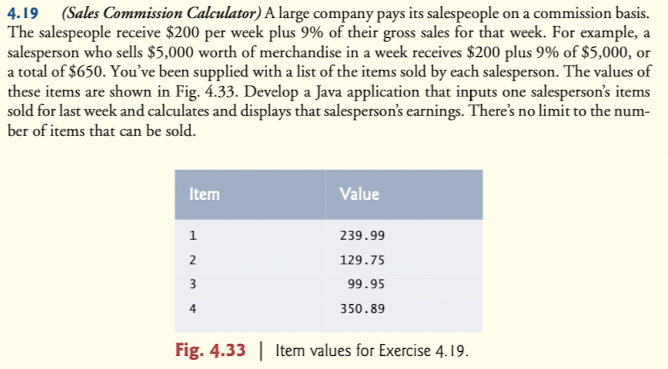 4.19 (Sales Commission Calculator) A large company pays its salespeople on a commission basis.
The salespeople receive $200 per week plus 9% of their gross sales for that week. For example, a
salesperson who sells $5,000 worth of merchandise in a week receives $200 plus 9% of $5,000, or
a total of $650. You've been supplied with a list of the items sold by each salesperson. The values of
these items are shown in Fig. 4.33. Develop a Java application that inputs one salesperson's items
sold for last week and calculates and displays that salesperson's earnings. There's no limit to the num-
ber of items that can be sold.
Item
Value
239.99
2
129.75
3
99.95
4
350.89
Fig. 4.33 | Item values for Exercise 4.19.
