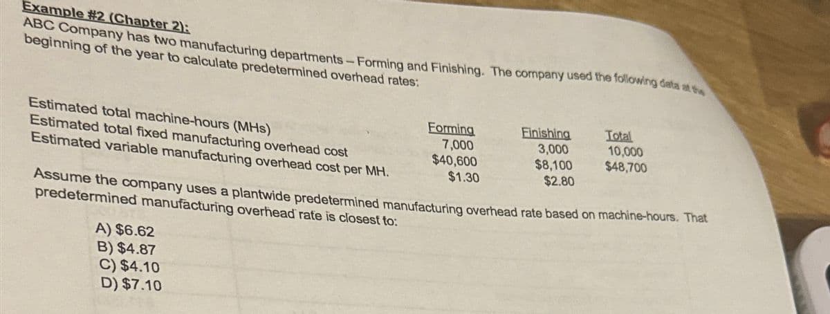 Example #2 (Chapter 2):
ABC Company has two manufacturing departments - Forming and Finishing. The company used the following data at the
beginning of the year to calculate predetermined overhead rates:
Estimated total machine-hours (MHS)
Estimated total fixed manufacturing overhead cost
Estimated variable manufacturing overhead cost per MH.
Assume the company uses a plantwide predetermined manufacturing overhead rate based on machine-hours. That
predetermined manufacturing overhead rate is closest to:
A) $6.62
B) $4.87
C) $4.10
D) $7.10
Forming
7,000
$40,600
$1.30
Finishing
3,000
$8,100
$2.80
Total
10,000
$48,700