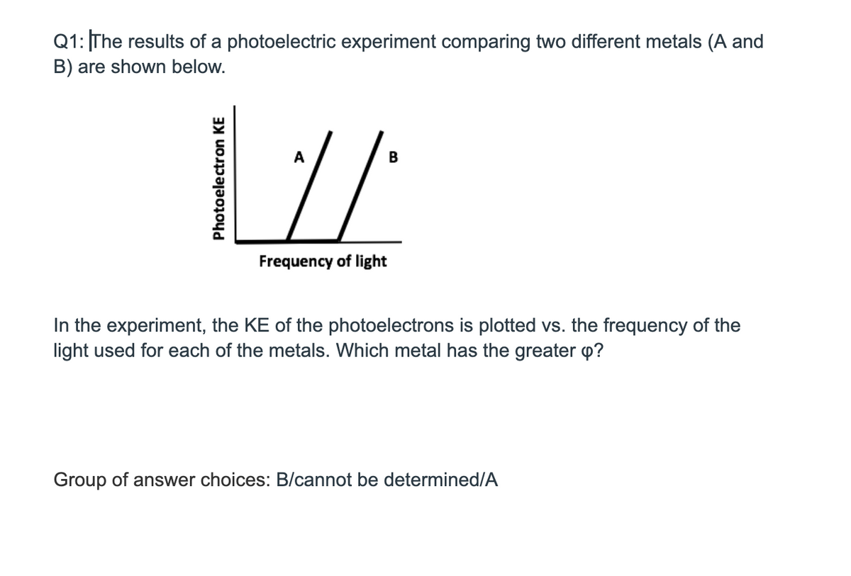 Q1: The results of a photoelectric experiment comparing two different metals (A and
B) are shown below.
A
B
Frequency of light
In the experiment, the KE of the photoelectrons is plotted vs. the frequency of the
light used for each of the metals. Which metal has the greater p?
Group of answer choices: B/cannot be determined/A
Photoelectron KE

