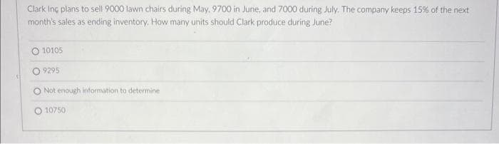 Clark Inc plans to sell 9000 lawn chairs during May, 9700 in June, and 7000 during July. The company keeps 15% of the next
month's sales as ending inventory. How many units should Clark produce during June?
10105
9295
Not enough information to determine
10750