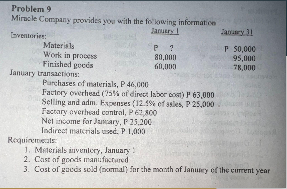 Problem 9
Miracle Company provides you with the following information
January 1
January 31
Inventories:
Materials
Work in process
Finished goods
January transactions:
P 50,000
95,000
78,000
80,000
60,000
Purchases of materials, P 46,000
Factory overhead (75% of direct labor cost) P 63,000
Selling and adm. Expenses (12.5% of sales, P 25,000
Factory overhead control, P 62,800
Net income for January, P 25,200
Indirect materials used, P 1,000
Requirements:
1. Materials inventory, January 1
2. Cost of goods manufactured
3. Cost of goods sold (normal) for the month of January of the current year
