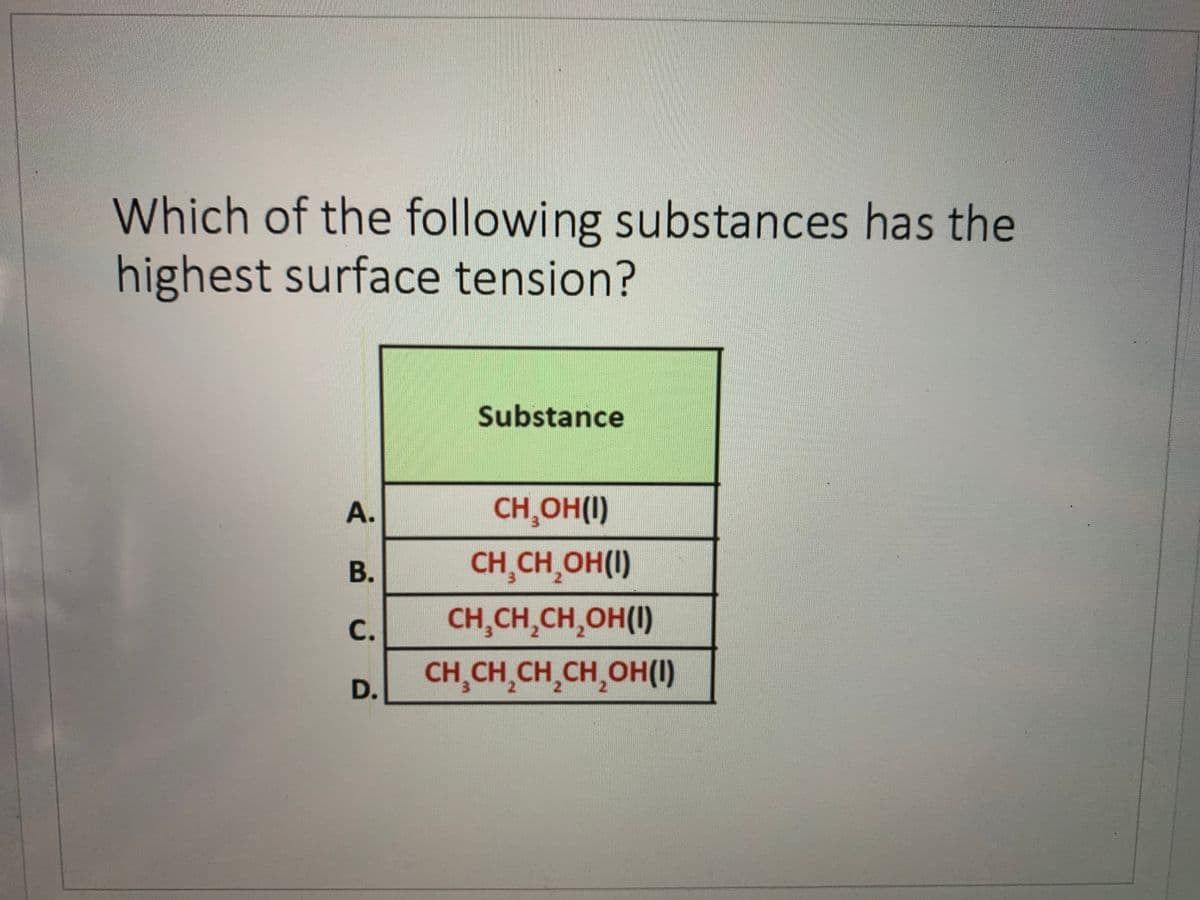 Which of the following substances has the
highest surface tension?
Substance
А.
CH,OH(I)
В.
CH,CH,OH(I)
3.
2.
с.
CH,CH,CH,OH(I)
CH,CH,CH,CH,OH(I)
D.L

