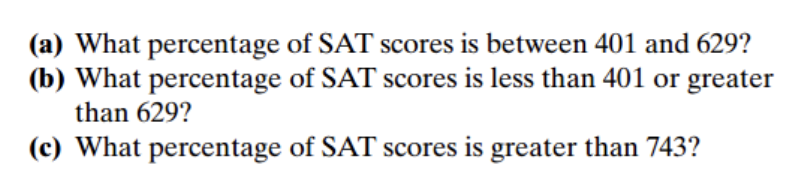 (a) What percentage
(b) What percentage
than 629?
(c) What percentage
of SAT scores is between 401 and 629?
of SAT scores is less than 401 or greater
of SAT scores is greater than 743?