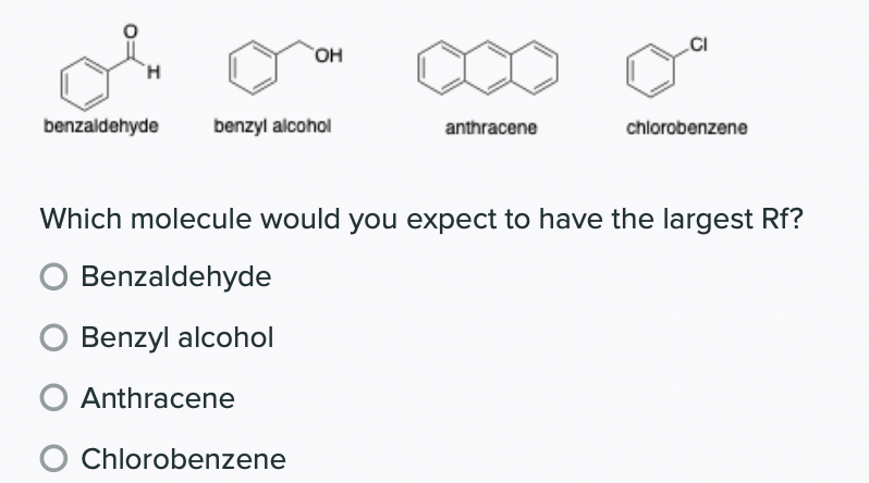 H
benzaldehyde benzyl alcohol
Benzyl alcohol
OH
O Anthracene
Which molecule would you expect to have the largest Rf?
Benzaldehyde
Chlorobenzene
anthracene
chlorobenzene