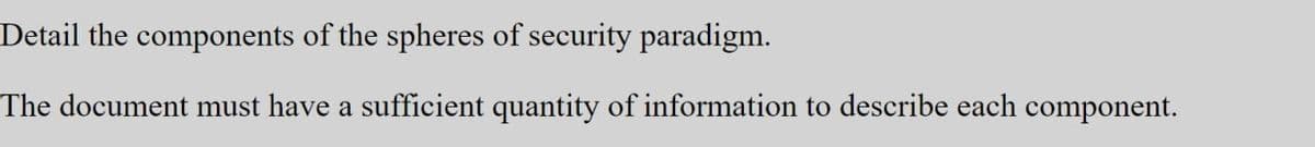 Detail the components of the spheres of security paradigm.
The document must have a sufficient quantity of information to describe each component.
