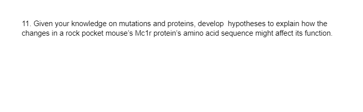 11. Given your knowledge on mutations and proteins, develop hypotheses to explain how the
changes in a rock pocket mouse's Mc1r protein's amino acid sequence might affect its function.