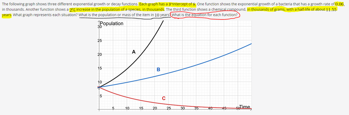 The following graph shows three different exponential growth or decay functions. Each graph has a y-intercept of 8. One function shows the exponential growth of a bacteria that has a growth rate of 0.06,
in thousands. Another function shows a 2% increase in the population of a species, in thousands. The third function shows a chemical compound, in thousands of grams, with a half-life of about 11.55
years. What graph represents each situation? What is the population or mass of the item in 10 years. What is the equation for each function?
Population
25
Z
A
20
15
B
10
5
5
1.0
1.5
20
с
25
30
50Time