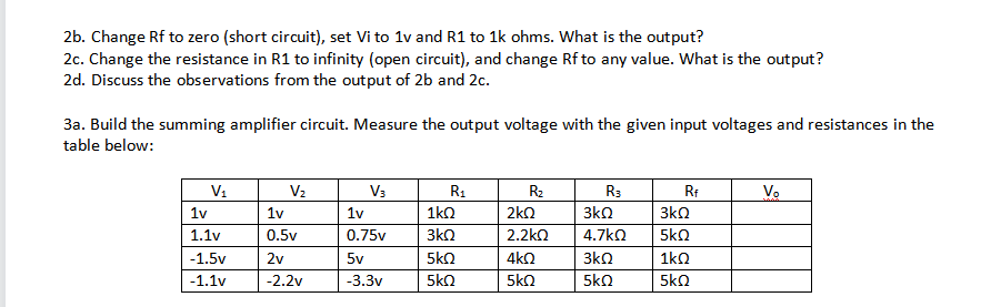 2b. Change Rf to zero (short circuit), set Vi to 1v and R1 to 1k ohms. What is the output?
2c. Change the resistance in R1 to infinity (open circuit), and change Rf to any value. What is the output?
2d. Discuss the observations from the output of 2b and 2c.
3a. Build the summing amplifier circuit. Measure the output voltage with the given input voltages and resistances in the
table below:
V1
V2
V3
R1
R2
Rs
Rf
Vo
1v
1v
1v
1ko
2kQ
3kn
3k0
1.1v
0.5v
0.75v
3kn
2.2kn
4.7kO
5kn
-1.5v
2v
5v
5kQ
4kO
3kQ
1ko
-1.1v
-2.2v
-3.3v
5kO
5ko
5kN
5kn
