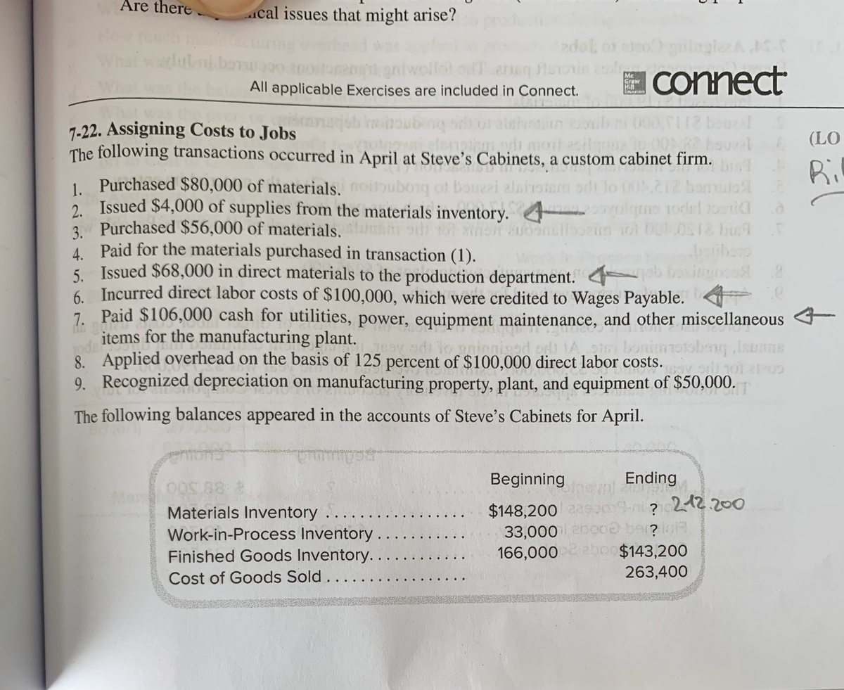 Are there
alutni baru
cal issues that might arise?
connect
TIT2 bou
7-22. Assigning Costs to Jobs
The following transactions occurred in April at Steve's Cabinets, a custom cabinet firm.
ron
All applicable Exercises are included in Connect.
adol, or elsorgin
pe
Materials Inventory .....
Work-in-Process Inventory
Finished Goods Inventory..
Cost of Goods Sold . . . . .
1. Purchased $80,000 of materials. noitubong of boueri alsiastern sdi lo 00.212 bomulo
2. Issued $4,000 of supplies from the materials inventory.
nobyolgme todal seria
à
3. Purchased $56,000 of materials. som si tot een subenullsozing 101 000 0212 bieg 5
4. Paid for the materials purchased in transaction (1).
5.
Issued $68,000 in direct materials to the production department.
bboxingoood 8
6. Incurred direct labor costs of $100,000, which were credited to Wages Payable.
7. Paid $106,000 cash for utilities, power, equipment maintenance, and other miscellaneous 4
201 jesy adi to uninnised or 1A, 9tei bonimnotabeng, Iscons
8.
items for the manufacturing plant.
Applied overhead on the basis of 125 percent of $100,000 direct labor costs. 169V 511 101-21/05
9. Recognized depreciation on manufacturing property, plant, and equipment of $50,000.
The following balances appeared in the accounts of Steve's Cabinets for April.
..
Me
Graw
Mill
Envertion
Beginning
Ending
$148,200 220019-?2-12.200
33,000 abood bar? ig
166,00002
inom
(LO
Ri
$143,200
263,400