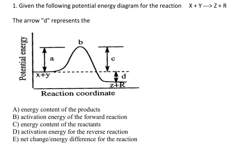 1. Given the following potential energy diagram for the reaction
X + Y ---> Z + R
The arrow "d" represents the
b
a
x+y
z+R
Reaction coordinate
A) energy content of the products
B) activation energy of the forward reaction
C) energy content of the reactants
D) activation energy for the reverse reaction
E) net change/energy difference for the reaction
Potential energy
