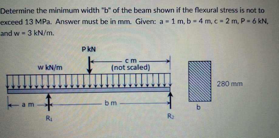Determine the minimum width "b" of the beam shown if the flexural stress is not to
exceed 13 MPa. Answer must be in mm. Given: a 1 m, b = 4 m, c 2 m, P = 6 kN,
!!
and w
= 3 kN/m.
%3!
P kN
cm
w kN/m
(not scaled)
I
280 mm
bm
a m
b.
R:
