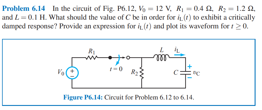 Problem 6.14 In the circuit of Fig. P6.12, Vo = 12 V, R₁ = 0.42, R₂ = 1.2 ,
and L = 0.1 H. What should the value of C be in order for it (t) to exhibit a critically
damped response? Provide an expression for it (t) and plot its waveform for t ≥ 0.
Vo(+
R₁
t = 0
R2
L
m
iL
C
VC
Figure P6.14: Circuit for Problem 6.12 to 6.14.