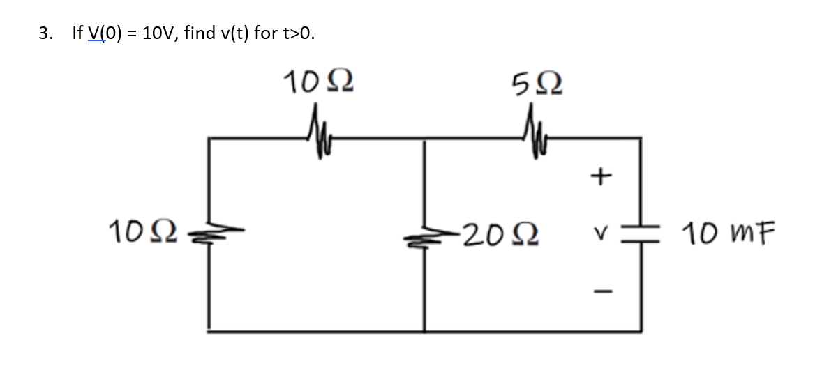 3. If V(0) = 10V, find v(t) for t>0.
10Ω
10 Ω
5Ω
20 Ω
+
-
10 MF