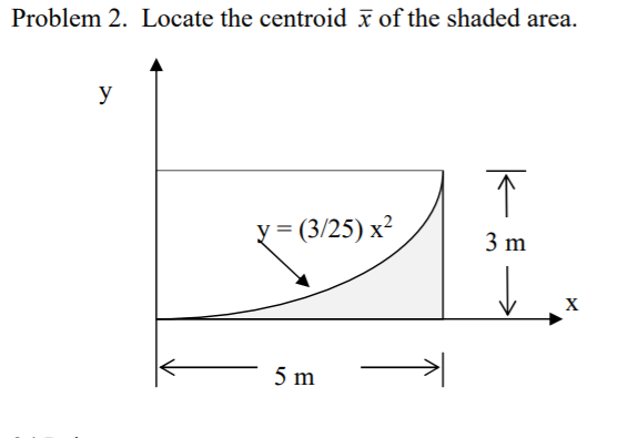 Problem 2. Locate the centroid x of the shaded area.
y
y = (3/25) x²
3 m
X
5 m
