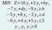 MIN Z=10 y,+3 y,+by,
-7 y,+dy,-9 y,2h
-5y,+8 y,-2 y,2d
-6 y, +4 y,+5 y,<5
y1, y2 Y320
