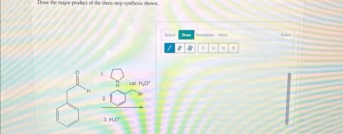 Draw the major product of the three-step synthesis shown.
H
2
3. H₂O'
.cat. H₂O*
Br
Select Draw Templates More
/// C H N
0
Erase
