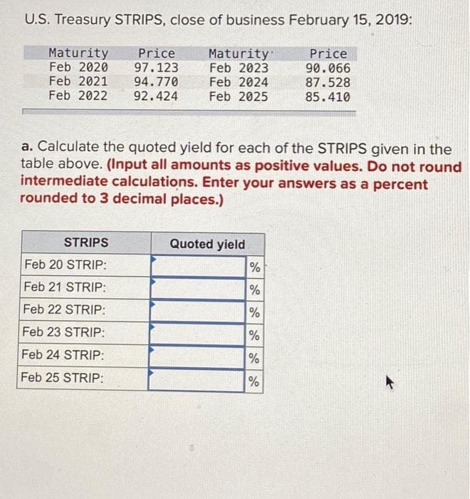 U.S. Treasury STRIPS, close of business February 15, 2019:
Maturity
Price Maturity
Feb 2020
97.123
Feb 2021
94.770
Feb 2022 92.424
Feb 2023
Feb 2024
Feb 2025
STRIPS
Feb 20 STRIP:
Feb 21 STRIP:
Feb 22 STRIP:
Feb 23 STRIP:
Feb 24 STRIP:
Feb 25 STRIP:
a. Calculate the quoted yield for each of the STRIPS given in the
table above. (Input all amounts as positive values. Do not round
intermediate calculations. Enter your answers as a percent
rounded to 3 decimal places.)
Quoted yield
Price
90.066
87.528
85.410
%
%
%
%
%
%
+