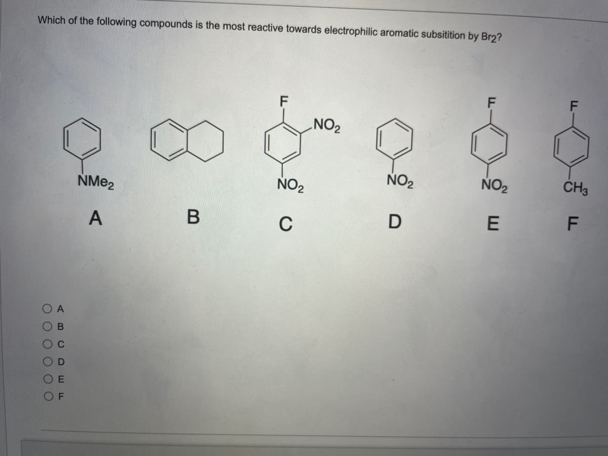 Which of the following compounds is the most reactive towards electrophilic aromatic subsitition by Br2?
NO2
NO2
NO2
CH3
NMe2
NO2
В
D
E
F
A
C
AB C DEE
O O O O OO
