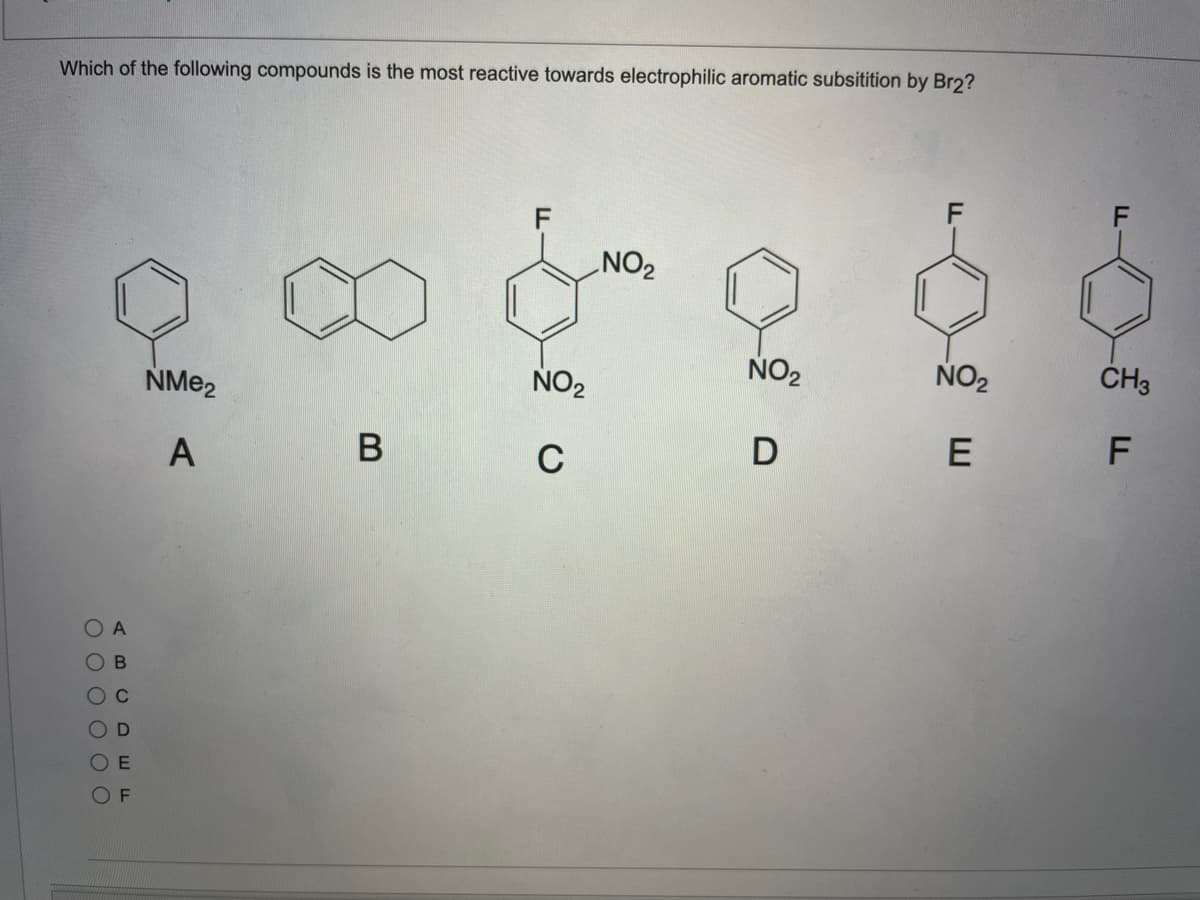 Which of the following compounds is the most reactive towards electrophilic aromatic subsitition by Br2?
NO2
NO2
NO2
ČH3
NME2
NO2
A
В
C
E
A B C D w w
OO OOO O
