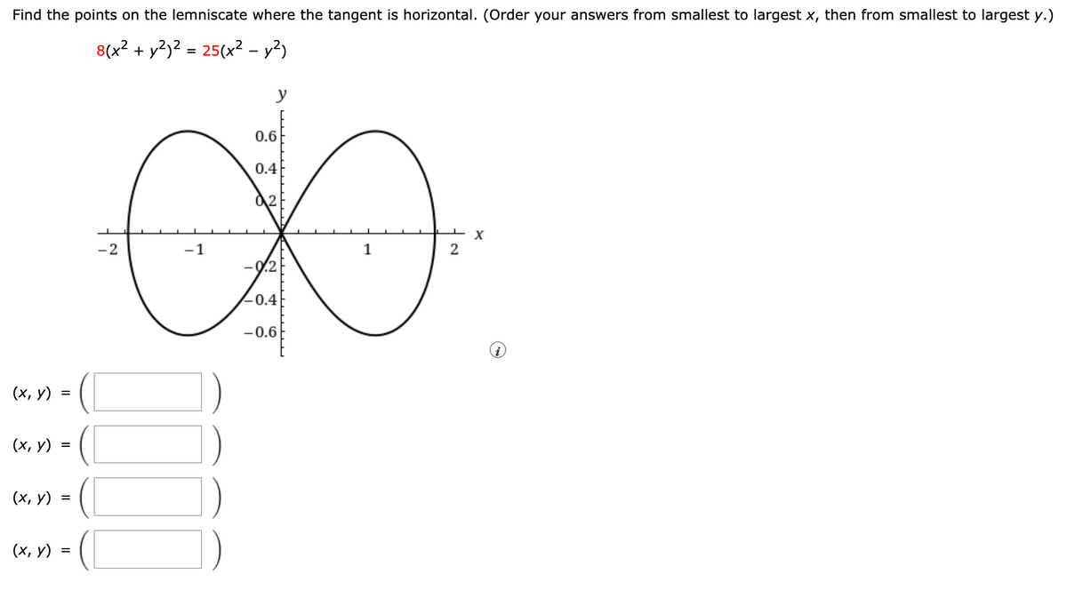Find the points on the lemniscate where the tangent is horizontal. (Order your answers from smallest to largest x, then from smallest to largest y.)
8(x² + y2)2 = 25(x2 - y2)
(x, y)
=
(x, y) :
(x, y)
=
(x, y) :
=
(
0.6
0.4
02
до
-2
-1
1
0.2
-0.4
-0.6
2
X