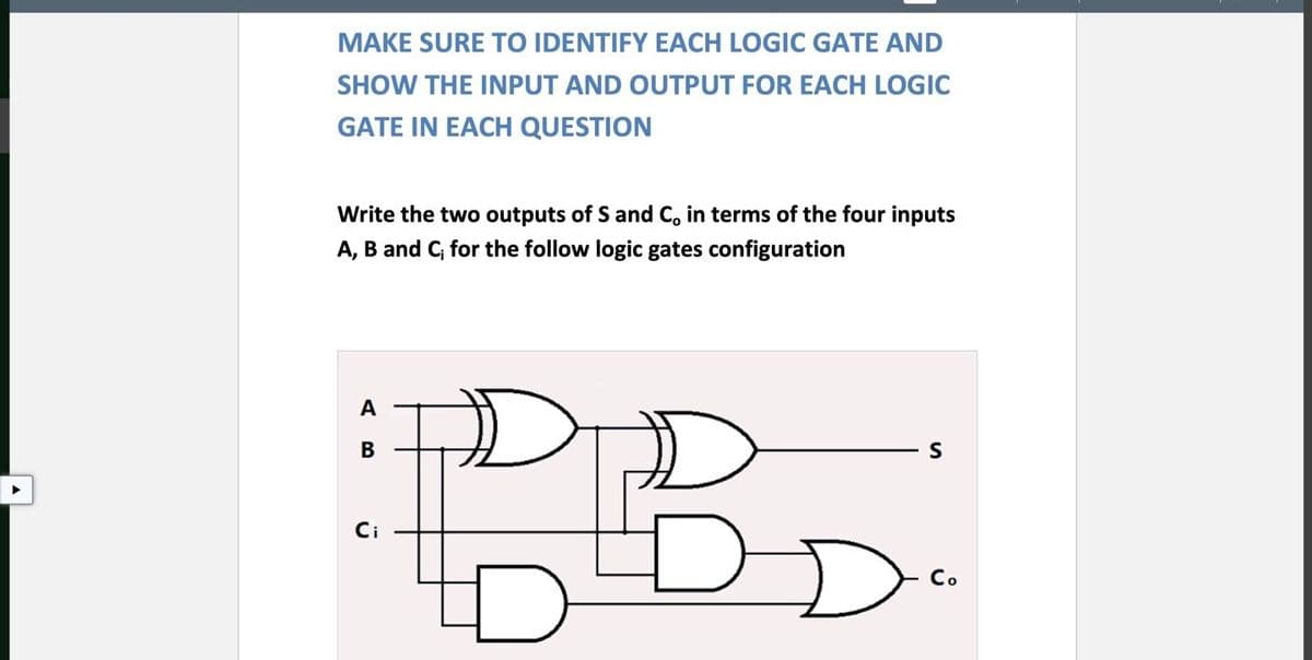 MAKE SURE TO IDENTIFY EACH LOGIC GATE AND
SHOW THE INPUT AND OUTPUT FOR EACH LOOGIC
GATE IN EACH QUESTION
Write the two outputs of S and C, in terms of the four inputs
A, B and C, for the follow logic gates configuration
BB
A
В
S
Ci
Со
