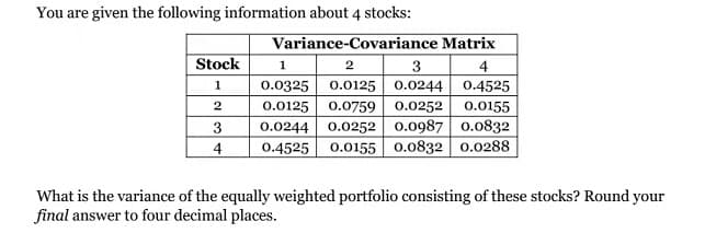 You are given the following information about 4 stocks:
Variance-Covariance Matrix
1
Stock
3
0.0125 0.0244 0.4525
0.0125 0.0759 0.0252 0.0155
0.0244 0.0252 0.0987 0.0832
0.4525 0.0155 0.0832 0.0288
4
1
0.0325
2
3
4
What is the variance of the equally weighted portfolio consisting of these stocks? Round your
final answer to four decimal places.
