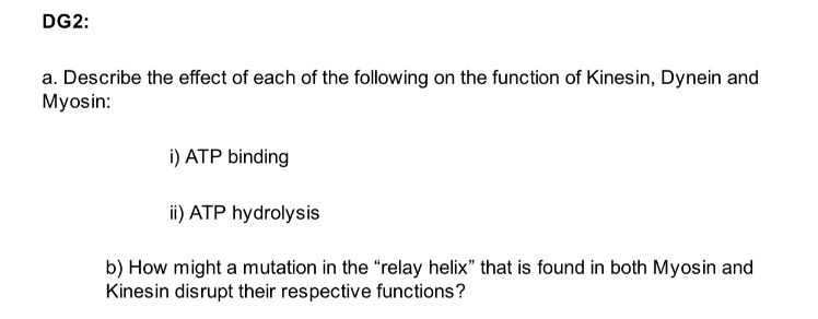 DG2:
a. Describe the effect of each of the following on the function of Kinesin, Dynein and
Myosin:
i) ATP binding
ii) ATP hydrolysis
b) How might a mutation in the "relay helix" that is found in both Myosin and
Kinesin disrupt their respective functions?