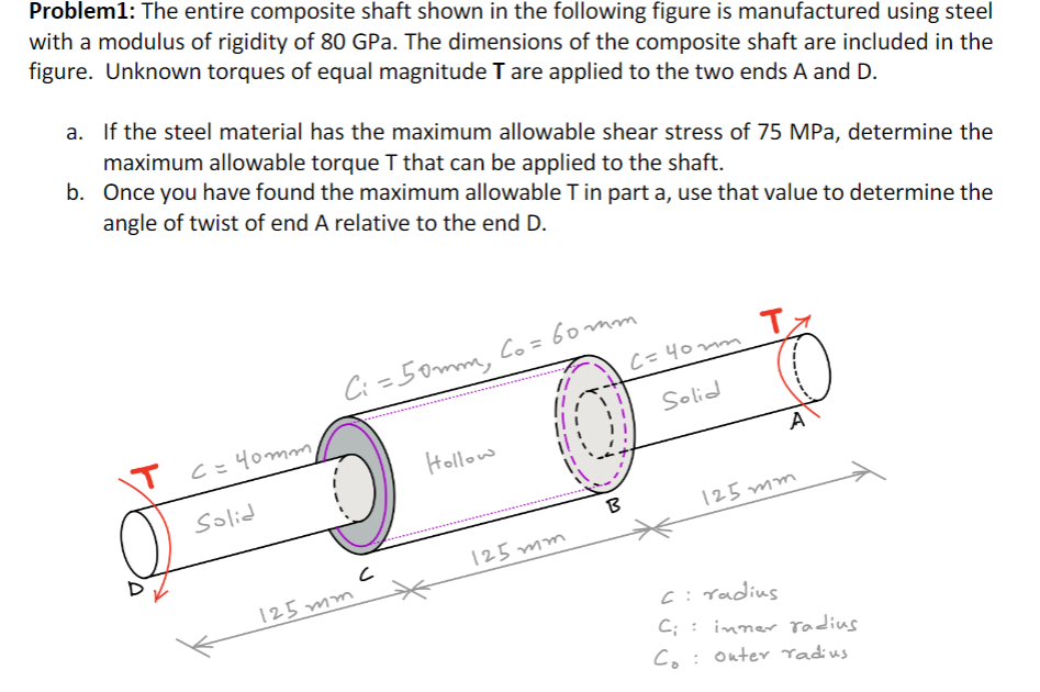 Problem1: The entire composite shaft shown in the following figure is manufactured using steel
with a modulus of rigidity of 80 GPa. The dimensions of the composite shaft are included in the
figure. Unknown torques of equal magnitude T are applied to the two ends A and D.
a. If the steel material has the maximum allowable shear stress of 75 MPa, determine the
maximum allowable torque T that can be applied to the shaft.
b. Once you have found the maximum allowable T in part a, use that value to determine the
angle of twist of end A relative to the end D.
T.
C: =50mm, Co = 60mm
C=40m
Solid
Tc=40m
Hollow
A
Solid
B
125 mm
125 mm
125 mm
C: radius
C; :
inner Tadius
Co: Outer Yadius
