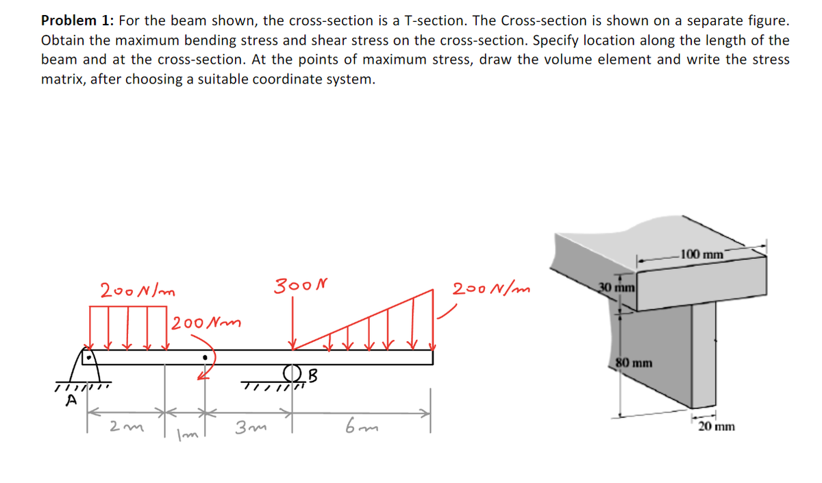 Problem 1: For the beam shown, the cross-section is a T-section. The Cross-section is shown on a separate figure.
Obtain the maximum bending stress and shear stress on the cross-section. Specify location along the length of the
beam and at the cross-section. At the points of maximum stress, draw the volume element and write the stress
matrix, after choosing a suitable coordinate system.
-100 mm
200N/m
300N
200N/m
30 mm
200 Nm
80 mm
3m
6 m
20 mm
