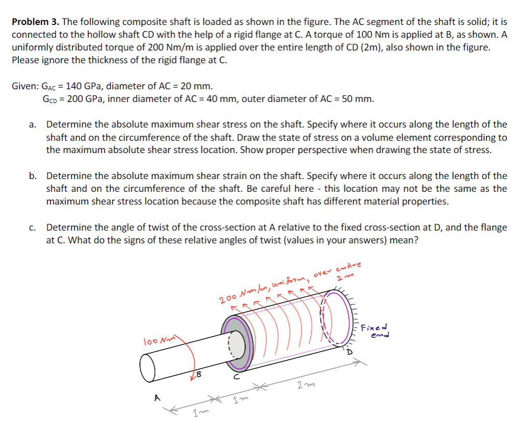 Problem 3. The following composite shaft is loaded as shown in the figure. The AC segment of the shaft is solid; it is
connected to the hollow shaft CD with the help of a rigid flange at C. A torque of 100 Nm is applied at B, as shown. A
uniformly distributed torque of 200 Nm/m is applied over the entire length of CD (2m), also shown in the figure.
Please ignore the thickness of the rigid flange at C.
Given: GẠC = 140 GPa, diameter of AC = 20 mm.
GcD = 200 GPa, inner diameter of AC = 40 mm, outer diameter of AC = 50 mm.
Determine the absolute maximum shear stress on the shaft. Specify where it occurs along the length of the
shaft and on the circumference of the shaft. Draw the state of stress on a volume element corresponding to
the maximum absolute shear stress location. Show proper perspective when drawing the state of stress.
a.
b. Determine the absolute maximum shear strain on the shaft. Specify where it occurs along the length of the
shaft and on the circumference of the shaft. Be careful here - this location may not be the same as the
maximum shear stress location because the composite shaft has different material properties.
Determine the angle of twist of the cross-section at A relative to the fixed cross-section at D, and the flange
at C. What do the signs of these relative angles of twist (values in your answers) mean?
С.
200 Nm hm, wmi form, over emtire
Fixed
lo0 Nm
emd
2 m
A
