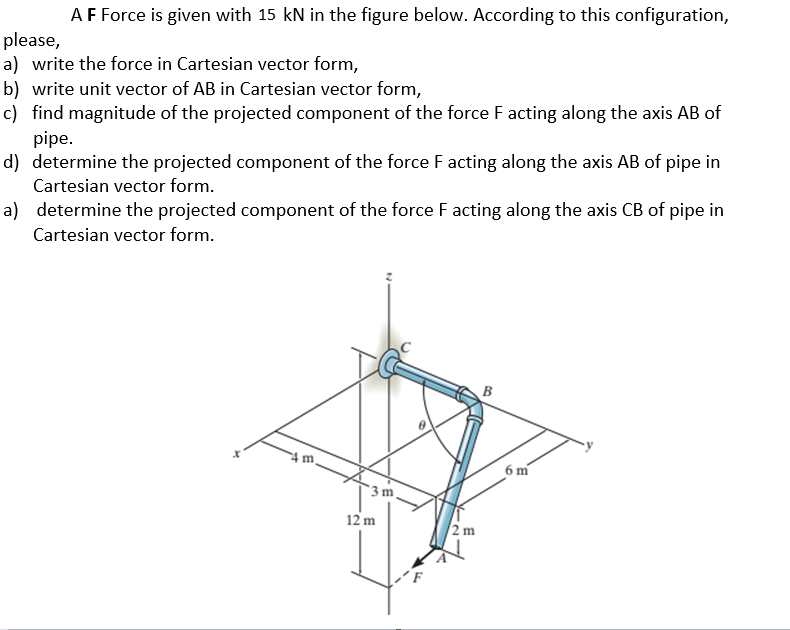 A F Force is given with 15 kN in the figure below. According to this configuration,
please,
a) write the force in Cartesian vector form,
b) write unit vector of AB in Cartesian vector form,
c) find magnitude of the projected component of the force F acting along the axis AB of
pipe.
d) determine the projected component of the force F acting along the axis AB of pipe in
Cartesian vector form.
a) determine the projected component of the force F acting along the axis CB of pipe in
Cartesian vector form.
B
4 m
6 m
12 m
2 m
