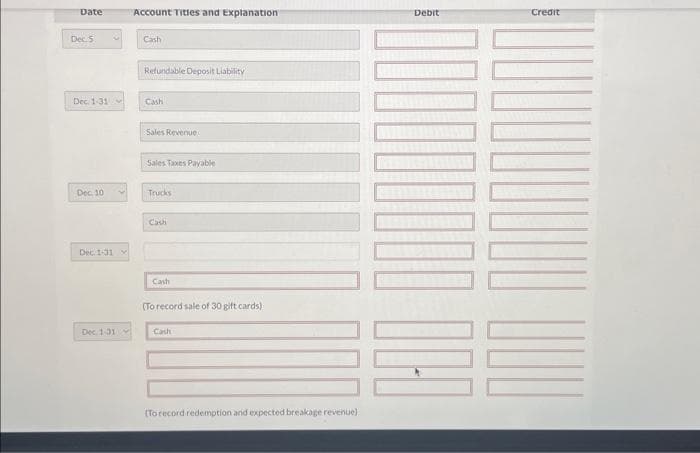 Date
Dec. 5
Dec. 1-31
Dec. 10
Dec 1-31
Dec. 1-31
Account Titles and Explanation
Cash
Refundable Deposit Liability
Cash
Sales Revenue
Sales Taxes Payable
Trucks
Cash
Cash
(To record sale of 30 gift cards)
Cash
(To record redemption and expected breakage revenue)
Debit
100 OCO
Credit