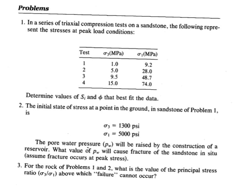Problems
1. In a series of triaxial compression tests on a sandstone, the following repre-
sent the stresses at peak load conditions:
Test
1
2
3
4
σ3 (MPa)
1.0
5.0
9.5
15.0
σ₁ (MPa)
9.2
28.0
48.7
74.0
Determine values of S; and that best fit the data.
2. The initial state of stress at a point in the ground, in sandstone of Problem 1,
is
σ3 = 1300 psi
σ₁ = 5000 psi
The pore water pressure (p) will be raised by the construction of a
reservoir. What value of p, will cause fracture of the sandstone in situ
(assume fracture occurs at peak stress).
3. For the rock of Problems 1 and 2, what is the value of the principal stress
ratio (03/0₁) above which "failure" cannot occur?