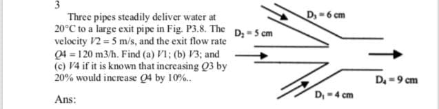 3
D, - 6 cm
Three pipes steadily deliver water at
20°C to a large exit pipe in Fig. P3.8. The D;-5 cm
velocity V2 = 5 m/s, and the exit flow rate
Q4 = 120 m3/h. Find (a) V1; (b) V3; and
(c) V4 if it is known that increasing Q3 by
20% would increase Q4 by 10%..
D. =9 cm
D, -4 cm
Ans:
