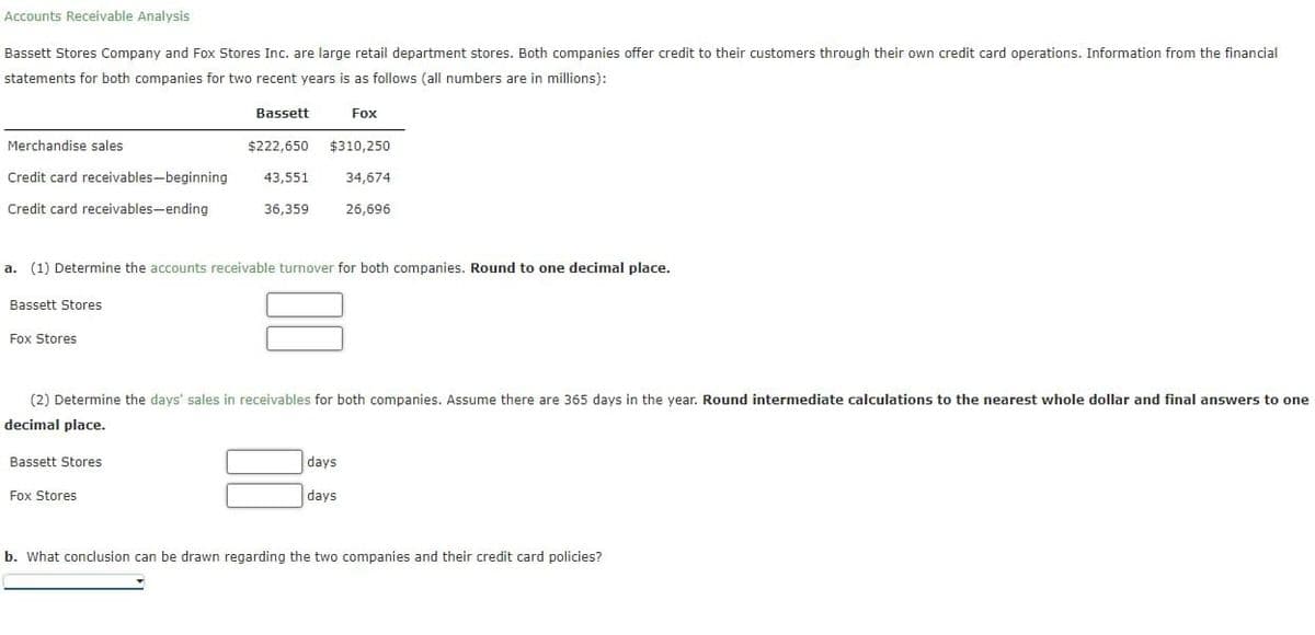 Accounts Receivable Analysis
Bassett Stores Company and Fox Stores Inc. are large retail department stores. Both companies offer credit to their customers through their own credit card operations. Information from the financial
statements for both companies for two recent years is as follows (all numbers are in millions):
Bassett
Merchandise sales
Credit card receivables-beginning
Credit card receivables-ending
Bassett Stores
a. (1) Determine the accounts receivable turnover for both companies. Round to one decimal place.
Fox Stores
Bassett Stores
Fox
$222,650 $310,250
43,551
34,674
36,359
26,696
(2) Determine the days' sales in receivables for both companies. Assume there are 365 days in the year. Round intermediate calculations to the nearest whole dollar and final answers to one
decimal place.
Fox Stores
days
days
b. What conclusion can be drawn regarding the two companies and their credit card policies?