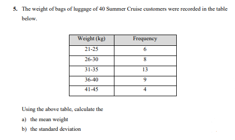 5. The weight of bags of luggage of 40 Summer Cruise customers were recorded in the table
below.
Weight (kg)
Frequency
21-25
6
26-30
8
31-35
13
36-40
9
41-45
4
Using the above table, calculate the
a) the mean weight
b) the standard deviation