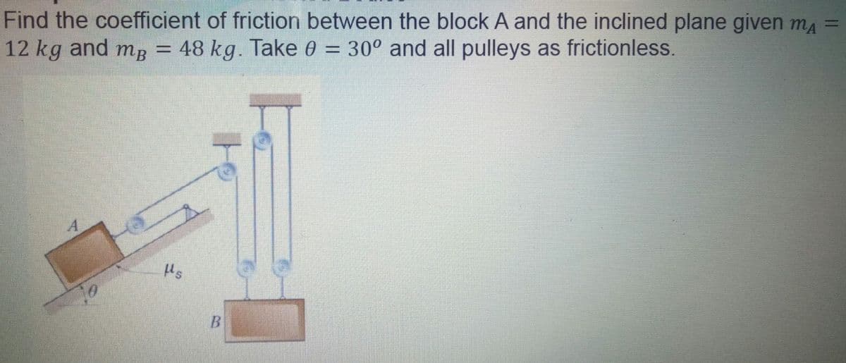 Find the coefficient of friction between the block A and the inclined plane given mA =
12 kg and mg = 48 kg. Take 0 = 30° and all pulleys as frictionless.
%3D
Hs
