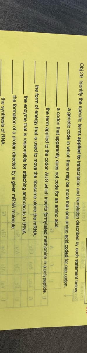 lonings T
geeft albbiM
Tenis T
Obj 29 Identify the specific terms applied to transcription and translation described by each statement below.288
a genetic code in which there may be more than one amino acid coded for one codon.
a codon that apparently does not code for an amino acid.
5
the term applied to the codon AUG which inserts formylated methionine in a polypeptide. U
alə 078 usd
the form of energy that is used to move the ribosome alone the mRNA.
the enzyme that is responsible for attaching aminoacids to tRNA.
the formation of a protein directed by a given mRNA molecule.
the synthesis of RNA.
02A
VID qe A
oll
U
la V 0