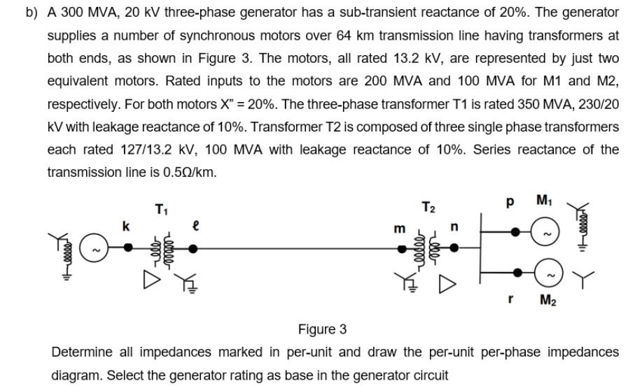 b) A 300 MVA, 20 kV three-phase generator has a sub-transient reactance of 20%. The generator
supplies a number of synchronous motors over 64 km transmission line having transformers at
both ends, as shown in Figure 3. The motors, all rated 13.2 kV, are represented by just two
equivalent motors. Rated inputs to the motors are 200 MVA and 100 MVA for M1 and M2,
respectively. For both motors X" = 20%. The three-phase transformer T1 is rated 350 MVA, 230/20
kV with leakage reactance of 10%. Transformer T2 is composed of three single phase transformers
each rated 127/13.2 kV, 100 MVA with leakage reactance of 10%. Series reactance of the
transmission line is 0.50/km.
p
M1
T1
T2
k
m
r
M2
Figure 3
Determine all impedances marked in per-unit and draw the per-unit per-phase impedances
diagram. Select the generator rating as base in the generator circuit
lle
