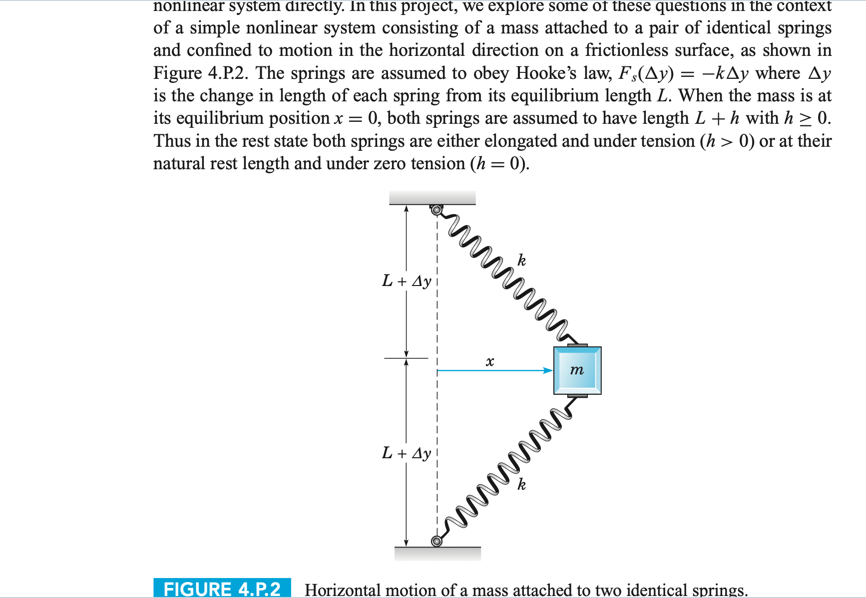 nonlinear system directly. In this project, we explore some of these questions in the context
of a simple nonlinear system consisting of a mass attached to a pair of identical springs
and confined to motion in the horizontal direction on a frictionless surface, as shown in
Figure 4.P.2. The springs are assumed to obey Hooke's law, F,(Ay) = -kAy where Ay
is the change in length of each spring from its equilibrium length L. When the mass is at
its equilibrium position x =
Thus in the rest state both springs are either elongated and under tension (h > 0) or at their
natural rest length and under zero tension (h = 0).
%3|
0, both springs are assumed to have length L +h with h > 0.
х
т
L+ Ay
FIGURE 4.P..2
Horizontal motion of a mass attached to two identical springs.
