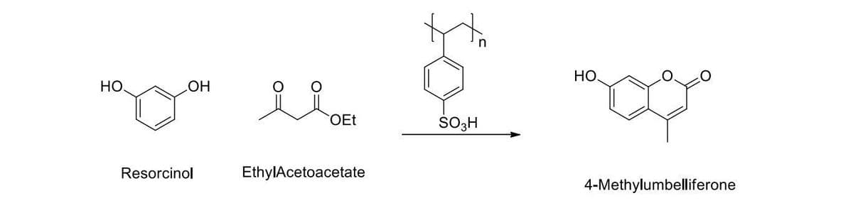 HO.
НО
HO
OEt
SO3H
Resorcinol
EthylAcetoacetate
4-Methylumbelliferone
