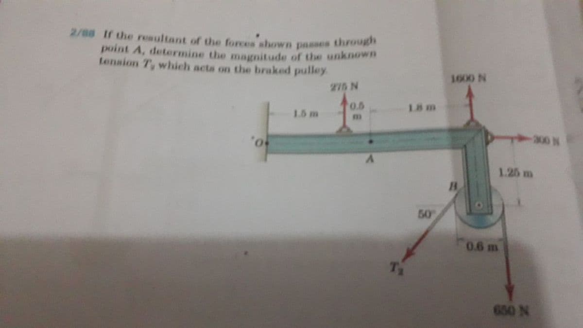 point A, determine the magnitude of the unknown
2/88 If the resultant of the forces shown passes through
tension T, which acts on the braked pulley
1600 N
275 N
0.5
18 m
1.5 m
300 N
1.25 m
50
0.6 m
Ta
650 N
