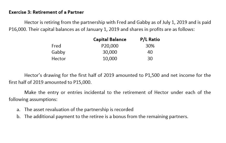 Exercise 3: Retirement of a Partner
Hector is retiring from the partnership with Fred and Gabby as of July 1, 2019 and is paid
P16,000. Their capital balances as of January 1, 2019 and shares in profits are as follows:
Capital Balance
P/L Ratio
Fred
30%
P20,000
30,000
Gabby
40
Hector
10,000
30
Hector's drawing for the first half of 2019 amounted to P1,500 and net income for the
first half of 2019 amounted to P15,000.
Make the entry or entries incidental to the retirement of Hector under each of the
following assumptions:
a. The asset revaluation of the partnership is recorded
b. The additional payment to the retiree is a bonus from the remaining partners.
